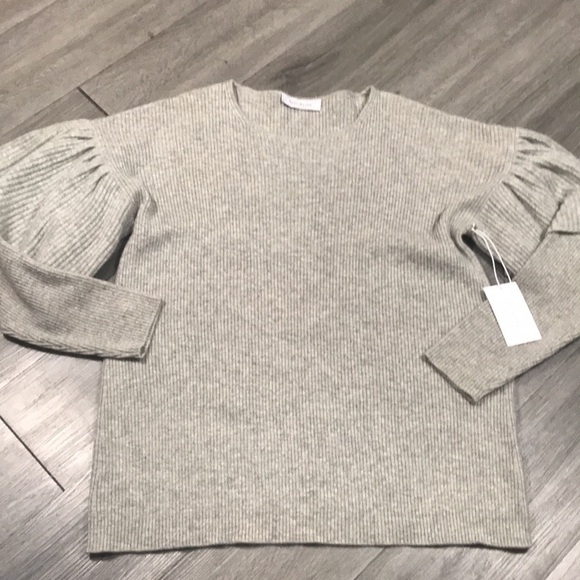RYAN ROCHE NWT Ruffle Sleeve 100% Cashmere Gray Sweater size M - Picture 4 of 10